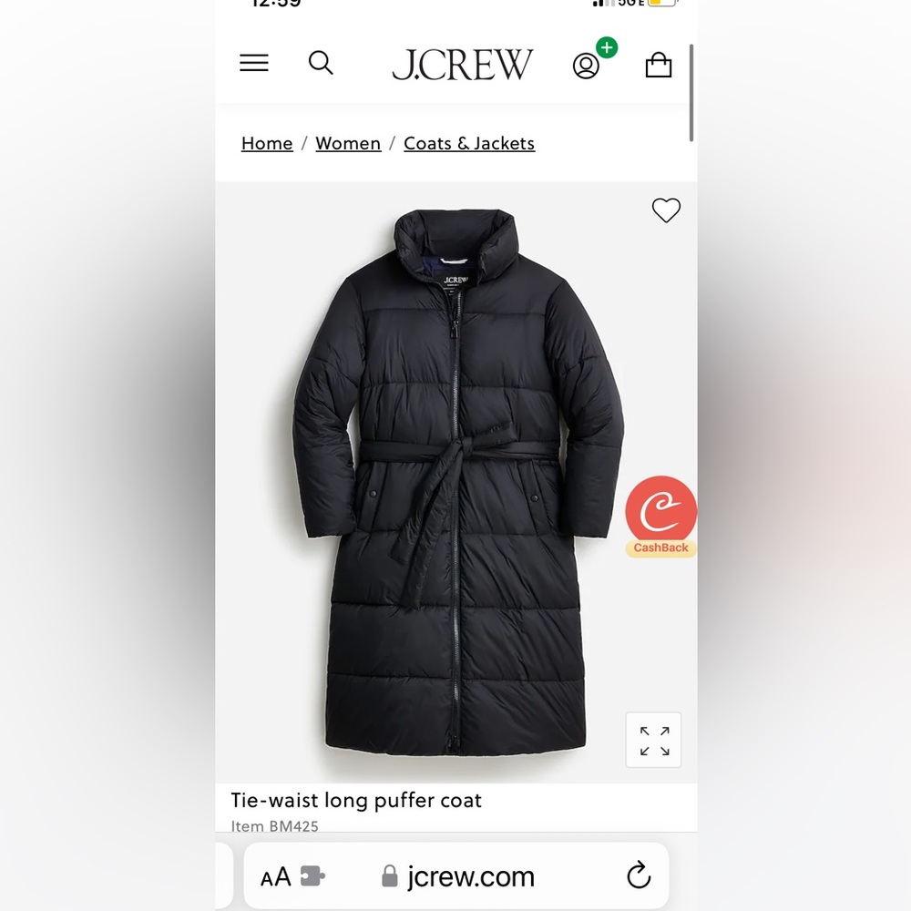 J. Crew Tie Waist Long Puffer Coat